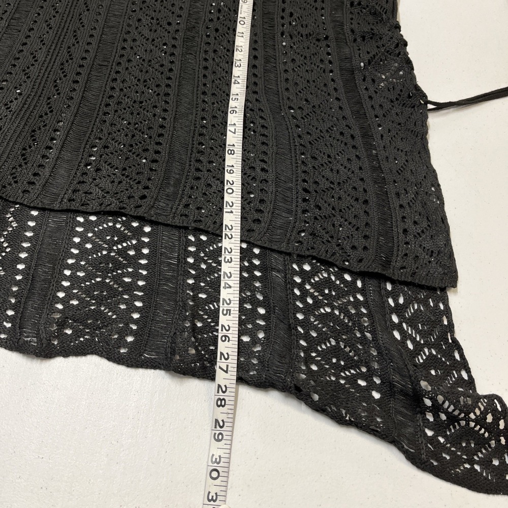 Black Open Knit Poncho Asymmetrical Tie Sides Dark Cottagecore Boho One Size - Picture 6 of 9